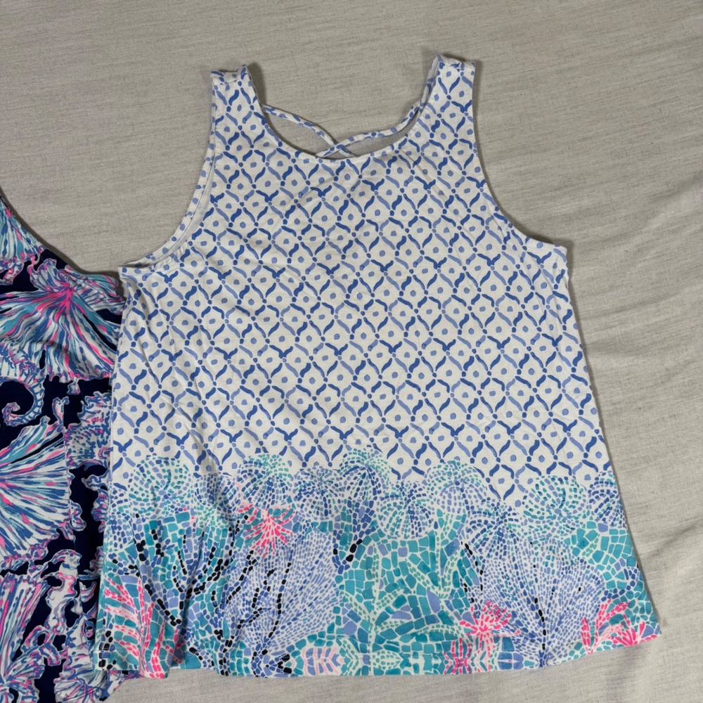 Lilly Pulitzer Lot of 2 - Etta V-Back Tank Top Pima Cotton Modal Blue Pink M - Picture 3 of 11